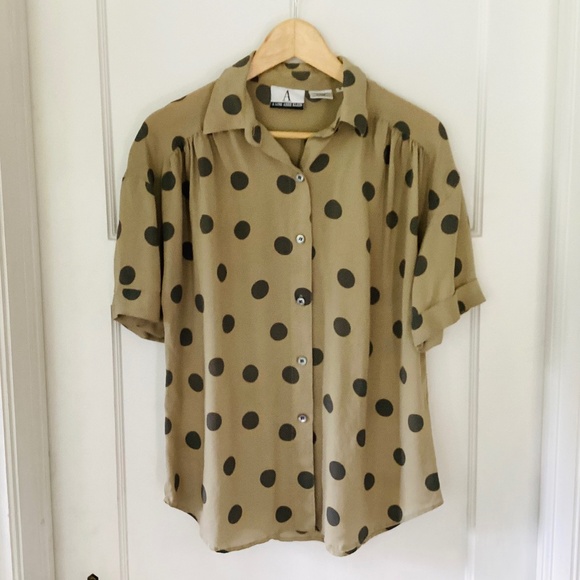 Vtg A Line Anne Klein Silk Button Down Collared Blouse Top Sz M Polka Dot Taupe - Picture 1 of 12